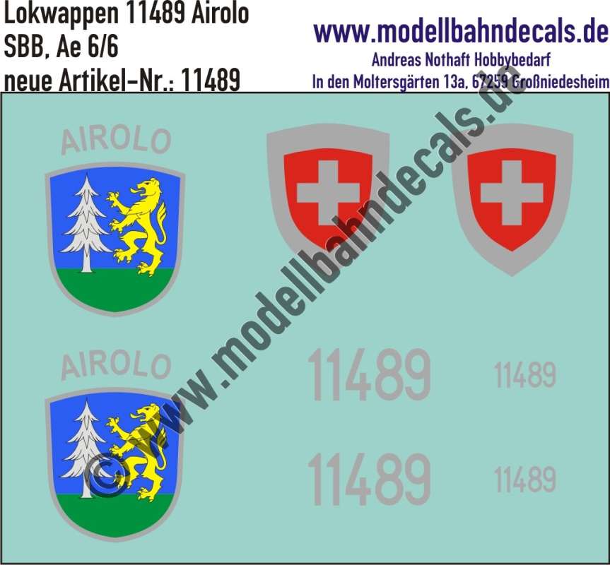 Nass-Schiebebilder: Zusatzbeschriftung mit Wappen Lok 11489 Airolo für Ae 6/6 der SBB, ab Epoche 3. Artikel-Nummer: 11489