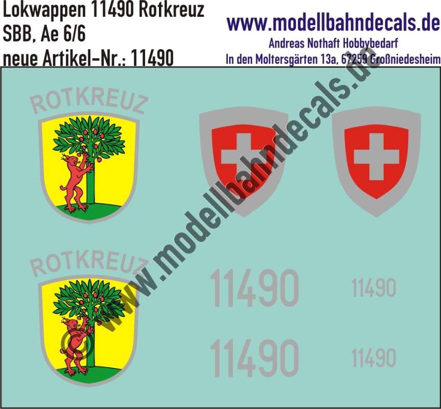 Nass-Schiebebilder: Zusatzbeschriftung mit Wappen Lok 11490 Rotkreuz für Ae 6/6 der SBB, ab Epoche 3. Artikel-Nummer: 11490