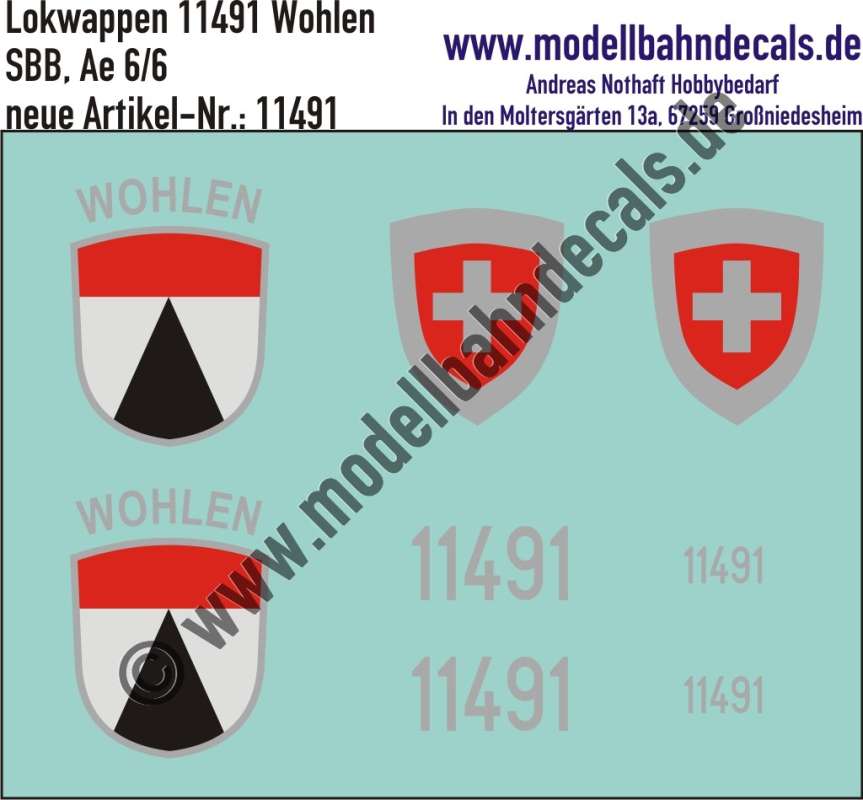 Nass-Schiebebilder: Zusatzbeschriftung mit Wappen Lok 11491 Wohlen für Ae 6/6 der SBB, ab Epoche 3. Artikel-Nummer: 11491