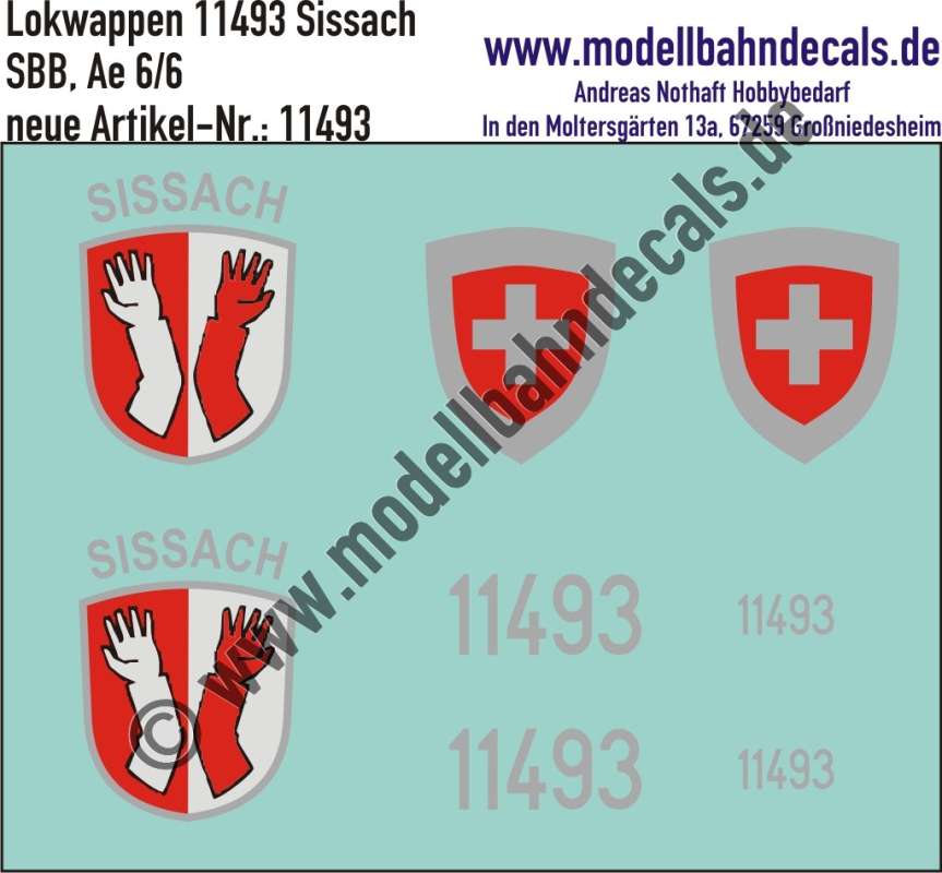 Nass-Schiebebilder: Zusatzbeschriftung mit Wappen Lok 11493 Sissach für Ae 6/6 der SBB, ab Epoche 3. Artikel-Nummer: 11493