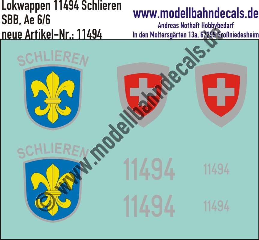 Nass-Schiebebilder: Zusatzbeschriftung mit Wappen Lok 11494 Schlieren für Ae 6/6 der SBB, ab Epoche 3. Artikel-Nummer: 11494