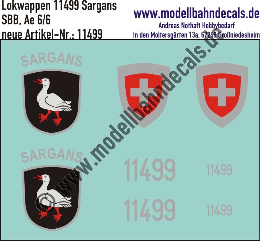 Nass-Schiebebilder: Zusatzbeschriftung mit Wappen Lok 11499 Sargans für Ae 6/6 der SBB, ab Epoche 3. Artikel-Nummer: 11499