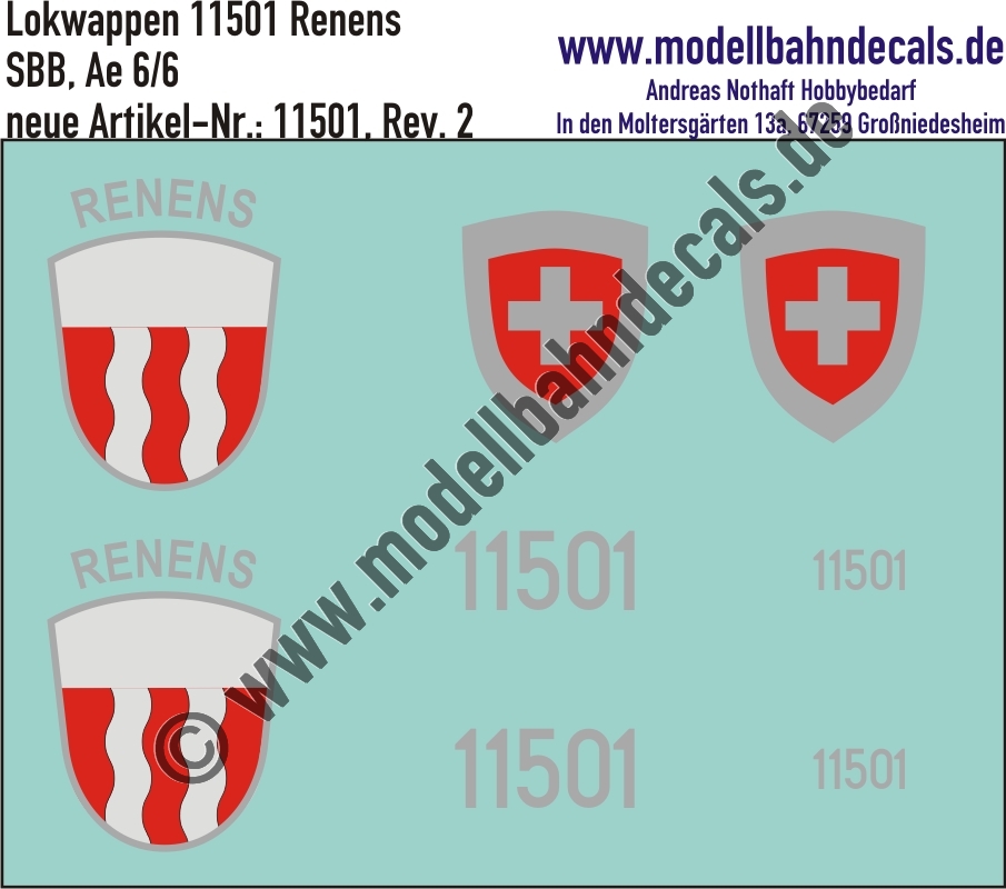 "Nass-Schiebebilder: Zusatzbeschriftung mit Wappen Lok 11501 Renens für Ae 6/6 der SBB, ab Epoche 3. Artikel-Nummer: 11501"