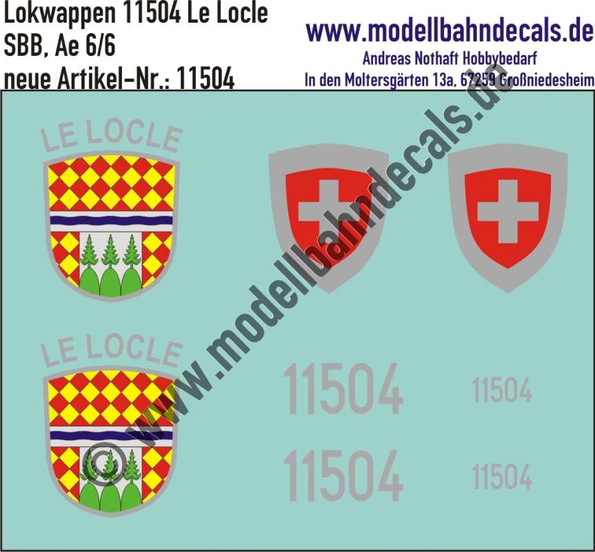 Nass-Schiebebilder: Zusatzbeschriftung mit Wappen Lok 11504 Le Locle für Ae 6/6 der SBB, ab Epoche 3. Artikel-Nummer: 11504