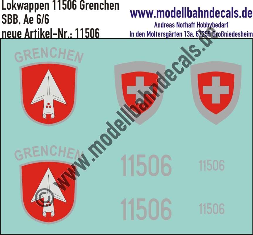 Nass-Schiebebilder: Zusatzbeschriftung mit Wappen Lok 11506 Grenchen für Ae 6/6 der SBB, ab Epoche 3. Artikel-Nummer: 11506
