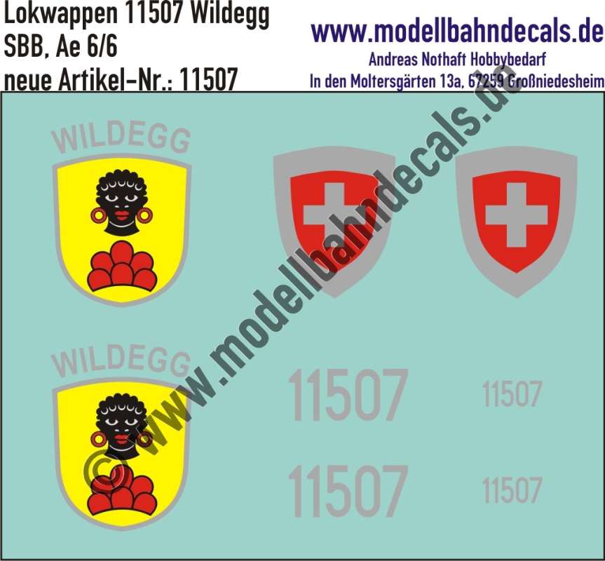 Nass-Schiebebilder: Zusatzbeschriftung mit Wappen Lok 11507 Wildegg für Ae 6/6 der SBB, ab Epoche 3. Artikel-Nummer: 11507