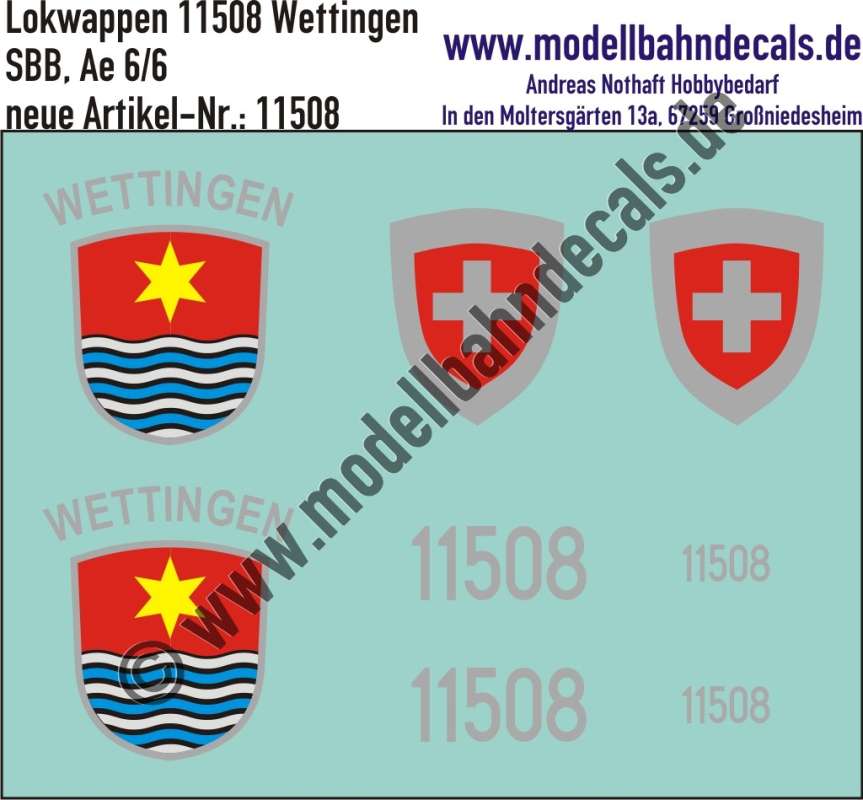 Nass-Schiebebilder: Zusatzbeschriftung mit Wappen Lok 11508 Wettingen für Ae 6/6 der SBB, ab Epoche 3. Artikel-Nummer: 11508