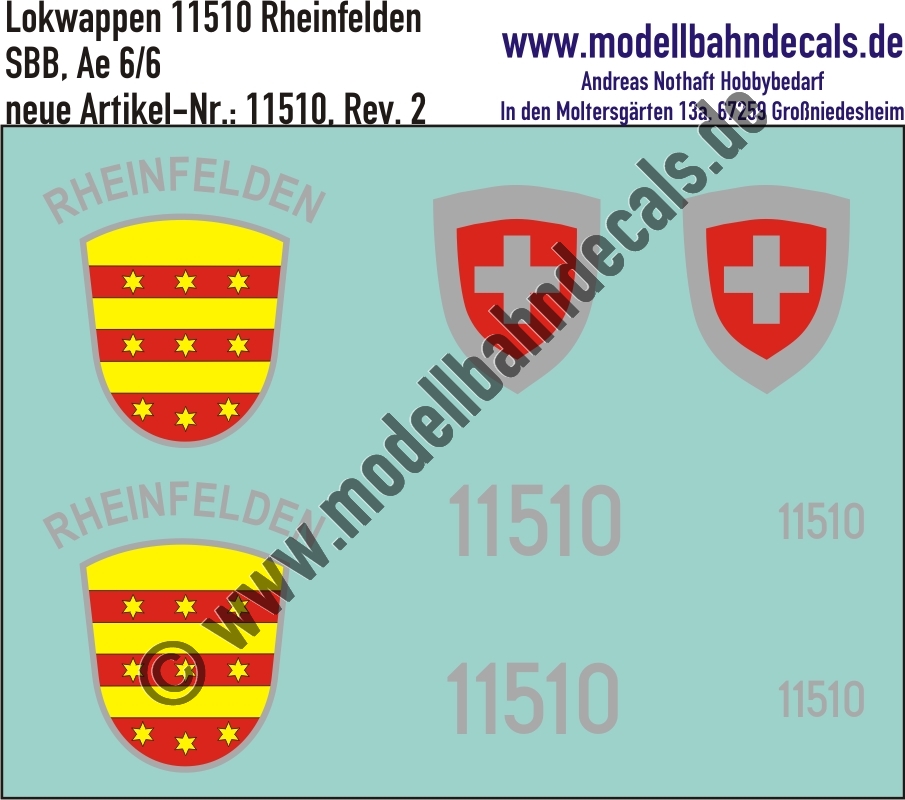"Nass-Schiebebilder: Zusatzbeschriftung mit Wappen Lok 11510 Rheinfelden für Ae 6/6 der SBB, ab Epoche 3. Artikel-Nummer: 11510"