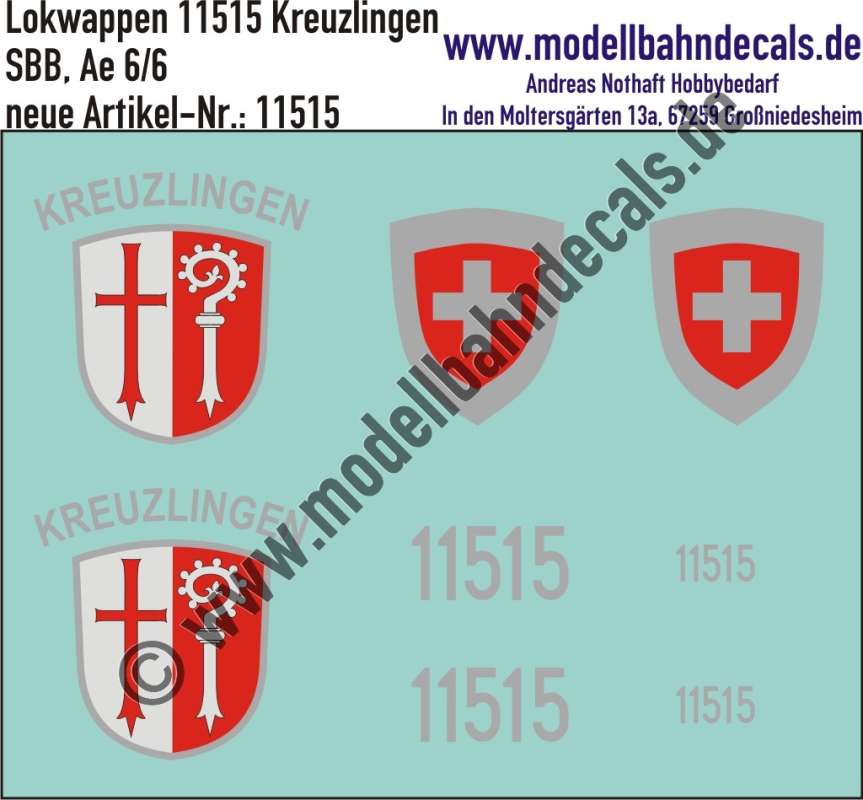 Nass-Schiebebilder: Zusatzbeschriftung mit Wappen Lok 11515 Kreuzlingen für Ae 6/6 der SBB, ab Epoche 3. Artikel-Nummer: 11515