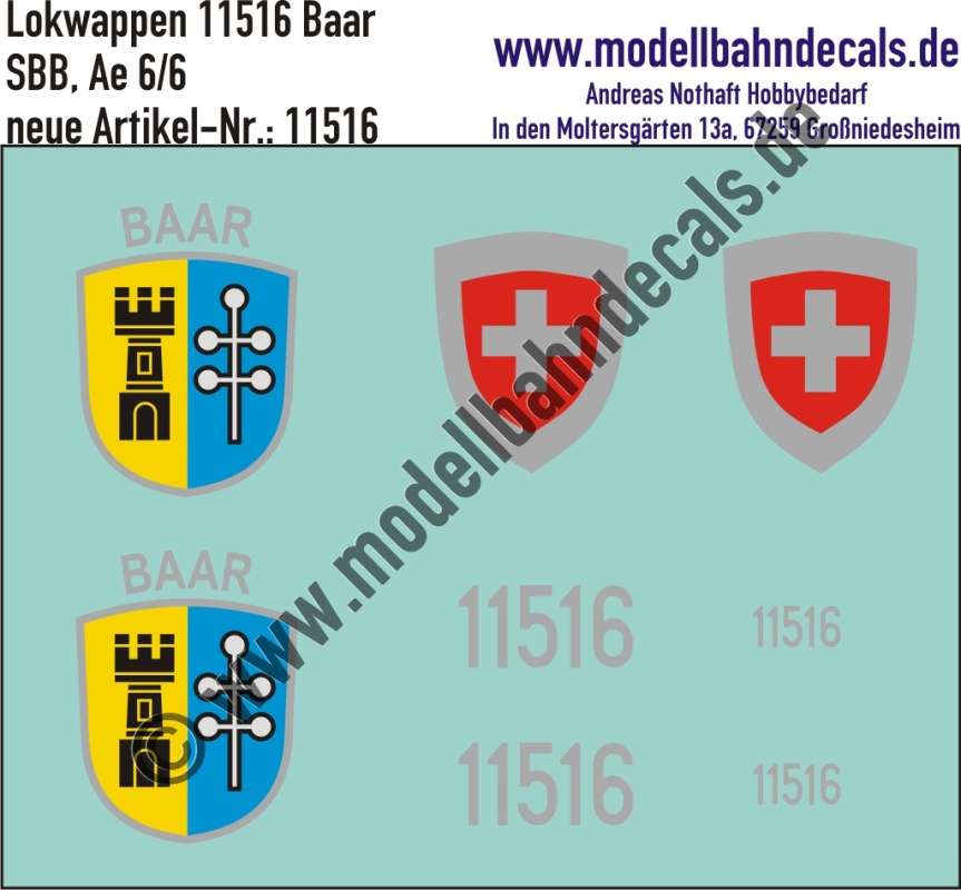 Nass-Schiebebilder: Zusatzbeschriftung mit Wappen Lok 11516 Baar für Ae 6/6 der SBB, ab Epoche 3. Artikel-Nummer: 11516