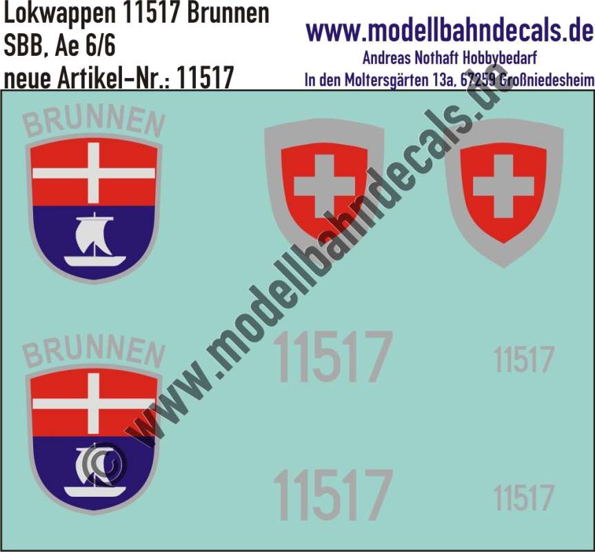 Nass-Schiebebilder: Zusatzbeschriftung mit Wappen Lok 11517 Brunnen für Ae 6/6 der SBB, ab Epoche 3. Artikel-Nummer: 11517