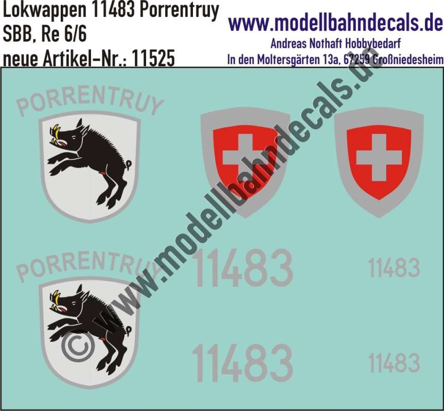 Nass-Schiebebilder: Zusatzbeschriftung mit Wappen Lok 11483 Porrentruy für Ae 6/6 der SBB, ab Epoche 3. Artikel-Nummer: 11525