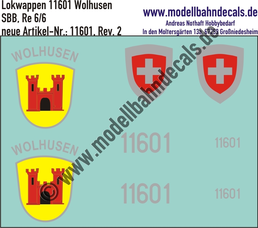 "Nass-Schiebebilder: Zusatzbeschriftung mit Wappen Lok 11601 Wolhusen für Re 6/6 der SBB, ab Epoche 3. Artikel-Nummer: 11601"