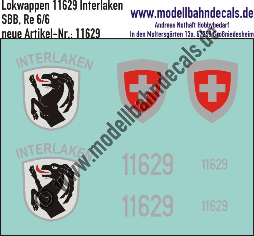 Nass-Schiebebilder: Zusatzbeschriftung mit Wappen Lok 11629 Interlaken für Re 6/6 der SBB, ab Epoche 3. Artikel-Nummer: 11629