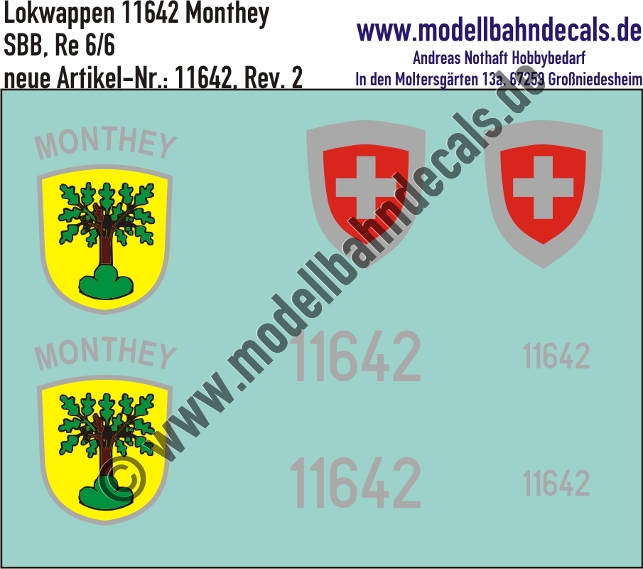 "Nass-Schiebebilder: Zusatzbeschriftung mit Wappen Lok 11642 Monthey für Re 6/6 der SBB, ab Epoche 3. Artikel-Nummer: 11642"