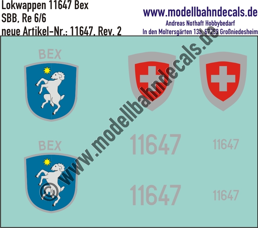"Nass-Schiebebilder: Zusatzbeschriftung mit Wappen Lok 11647 Bex für Re 6/6 der SBB, ab Epoche 3. Artikel-Nummer: 11647"