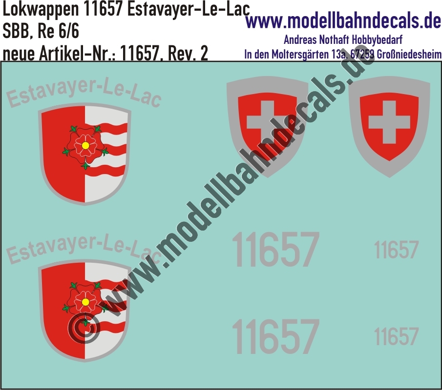 "Nass-Schiebebilder: Zusatzbeschriftung mit Wappen Lok 11657 Estavayer-Le-Lac für Re 6/6 der SBB, ab Epoche 3. Artikel-Nummer: 11657"