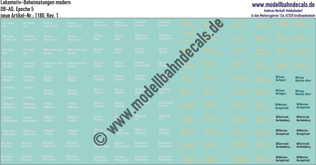 "Nass-Schiebebilder: Lokomotiv-Beheimatungen modern, DB-AG, Epoche 5, Weiss, Elfenbein, Ozeanblau, Schwarz. Artikel-Nummer: 1180"