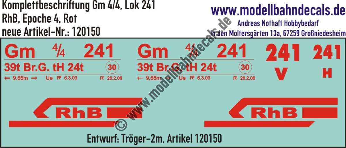 Nass-Schiebebilder: Komplettbeschriftung Gm 4/4 (Lok 241) der RhB (Rhätische Bahn), Variante Rot, Epoche 4, Entwurf Tröger-2m, Art. 120150.