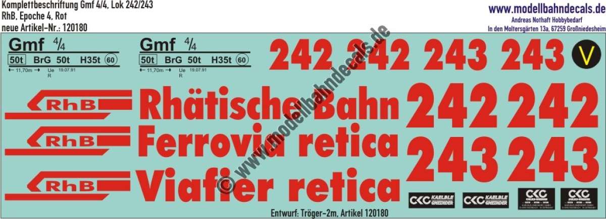 Nass-Schiebebilder: Komplettbeschriftung Gmf 4/4 (Loks 242/243) der RhB (Rhätische Bahn), Variante Rot, Epoche 4, Entwurf Tröger-2m, Art. 120180.