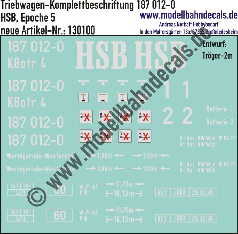 Nass-Schiebebilder: Triebwagen-Komplettbeschriftung 187 012 KBotr, HSB, Epoche 5; Entwurf Tröger-2m. Artikel-Nummer: 130100