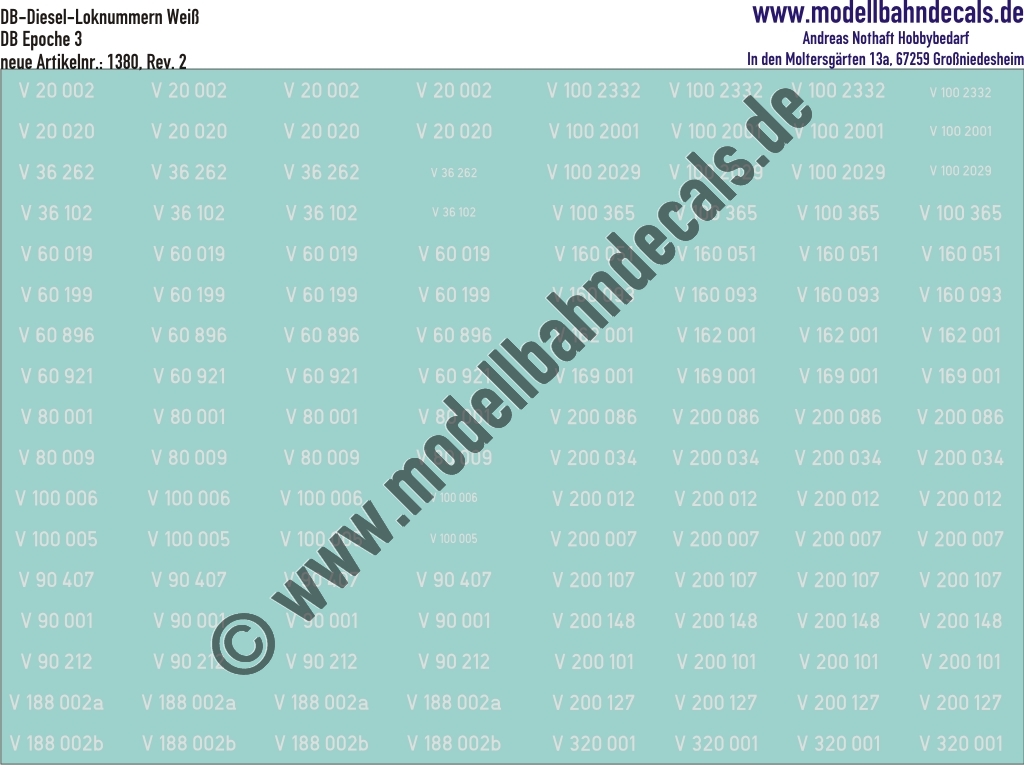 "Nass-Schiebebilder: Loknummern DB Diesel V20-V320, nur Weiss. Artikel-Nummer: 1380"