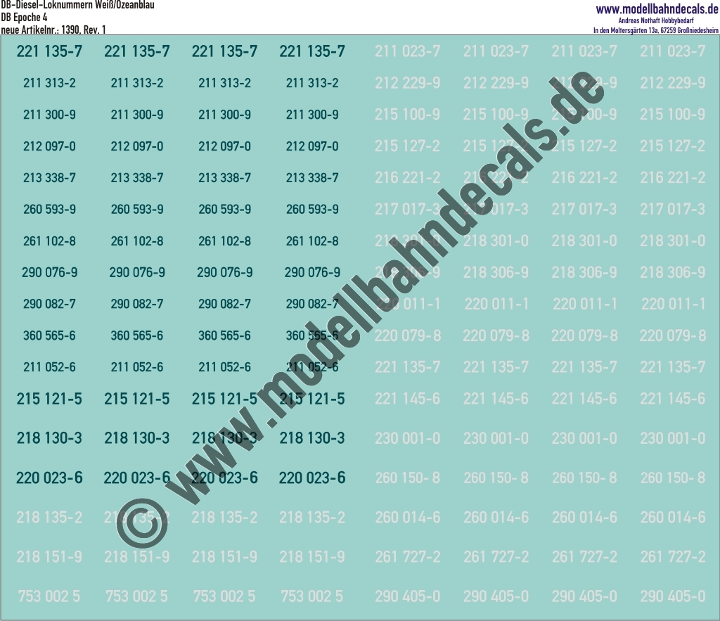 "Nass-Schiebebilder: Loknummern DB Diesel 211-290, Weiss/Ozeanblau. Artikel-Nummer: 1390"