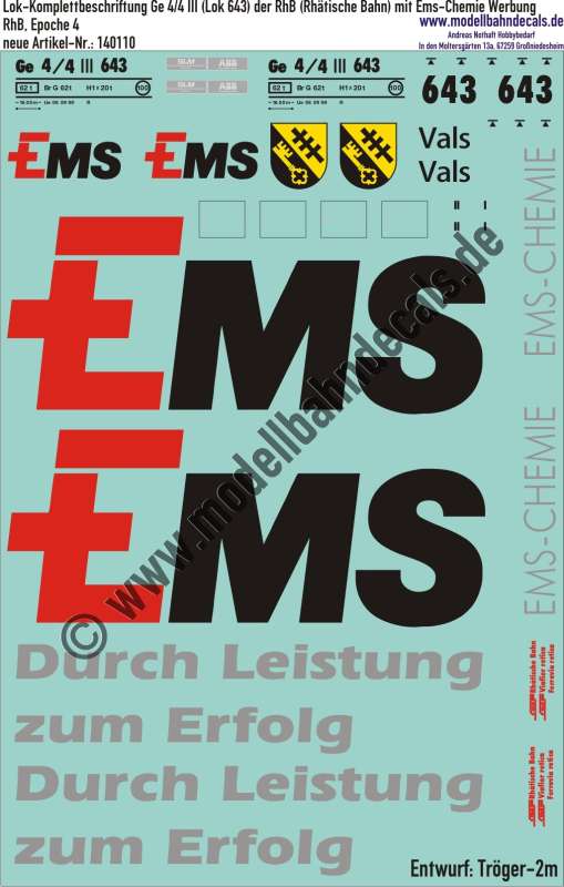 Nass-Schiebebilder: Lok-Komplettbeschriftung Ge 4/4 III (Lok 643) der RhB (Rhätische Bahn) mit Ems-Chemie Werbung; Entwurf Tröger-2m, Art. 140110