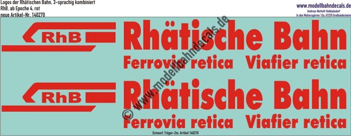 Nass-Schiebebilder: XL-Logos der Rhätischen Bahn, 3-sprachig kombiniert, für komplette Seitenbeklebung von RhB-Loks, ab Epoche 4, rot, Entwurf: Tröger-2m, Art. 140270.