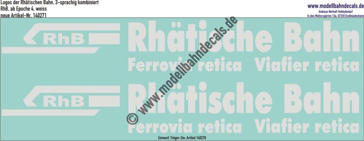 Nass-Schiebebilder: XL-Logos der Rhätischen Bahn, 3-sprachig kombiniert, für komplette Seitenbeklebung von RhB-Loks, ab Epoche 4, Weiss, Entwurf: Tröger-2m, Art. 140271.