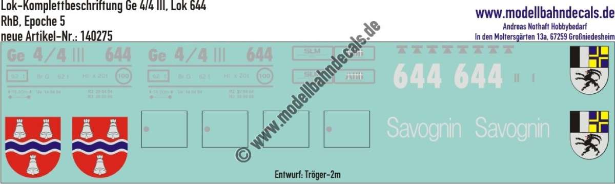Nass-Schiebebilder: Lok-Komplettbeschriftung Ge 4/4 III (Lok 644, Savognin) der RhB (Rhätische Bahn), Epoche 4; Entwurf Tröger-2m, Art. 140275