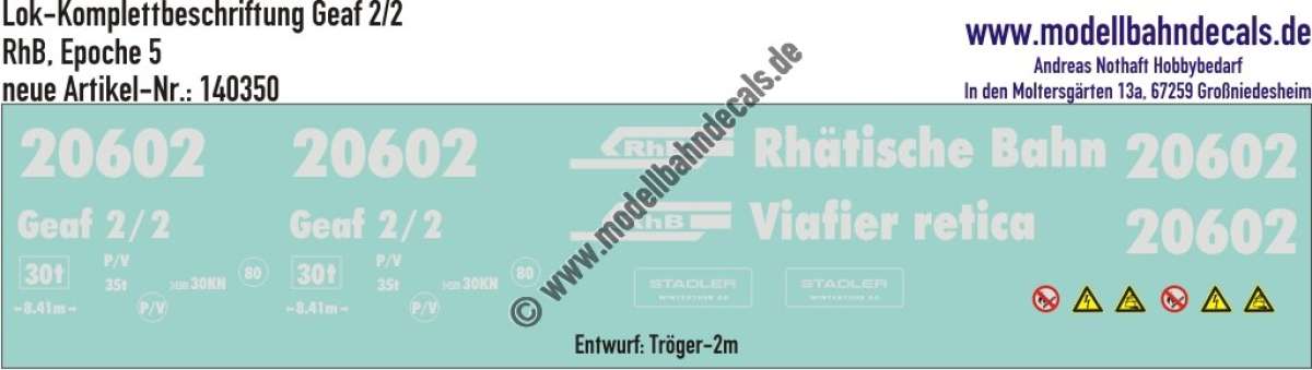 Nass-Schiebebilder: Lok-Komplettbeschriftung Geaf 2/2 (Lok 20602) der RhB (Rhätische Bahn), Epoche 4; Entwurf Tröger-2m, Art. 140350