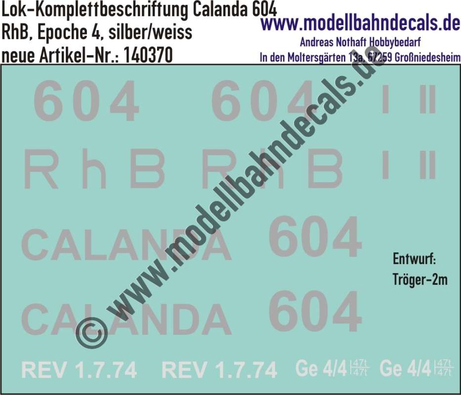 Nass-Schiebebilder: Lok-Komplettbeschriftung Ge 4/4 I (Lok 604, Calanda) der RhB (Rhätische Bahn), Epoche 4; Entwurf Tröger-2m, Art. 140370