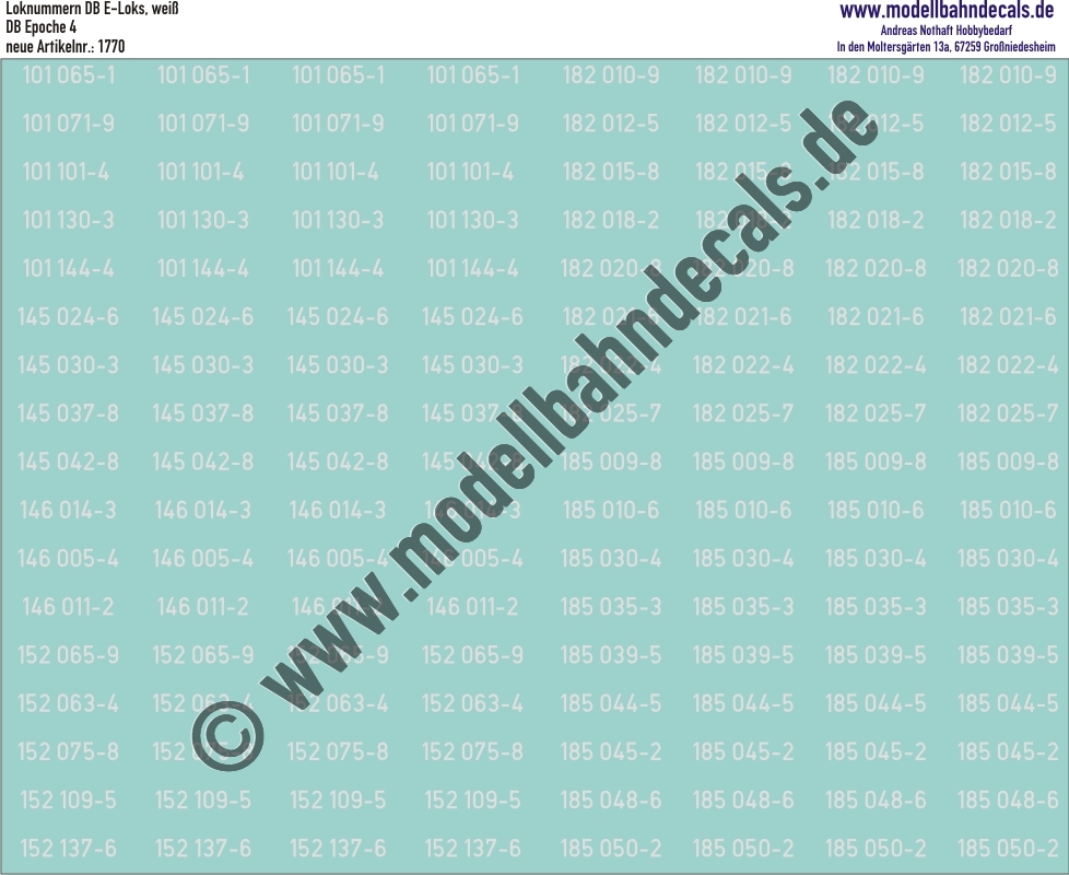"Nass-Schiebebilder: Loknummern DB E-Loks 101-145-146-182-185, Weiss. Artikel-Nummer: 1770"