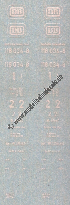 "Nass-Schiebebilder: Sonderangebot Spur H0: Lok-Komplettbeschriftung DB, Epoche 4, 118 034-8, Weiss Artikel-Nummer: 18038"