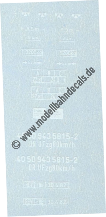 "Nass-Schiebebilder: Sonderangebot Spur 0: Fahrzeug-Teilanschriften DR 40 50 943 5815-2 UFzg(?), Weiss Artikel-Nummer: 18078"