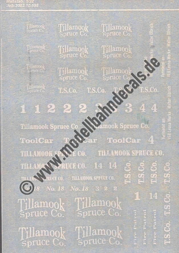 Nass-Schiebebilder: Sonderangebot Spur 1: diverse Fahrzeuganschriften Tillamook Spruce Co. Artikel-Nummer: 18080