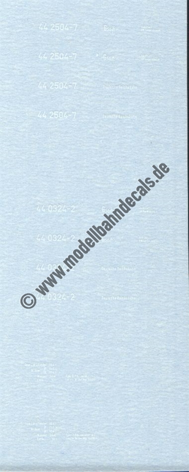 "Nass-Schiebebilder: Sonderangebot Spur TT: Lok-Komplettbeschriftung DR, Epoche 4, 44 2504-7/44 0324-2, Weiss Artikel-Nummer: 18125"