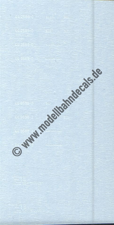 "Nass-Schiebebilder: Sonderangebot Spur TT: Lok-Komplettbeschriftung DR, Epoche 4, 44 2569-0/44 9598-2, Weiss Artikel-Nummer: 18127"