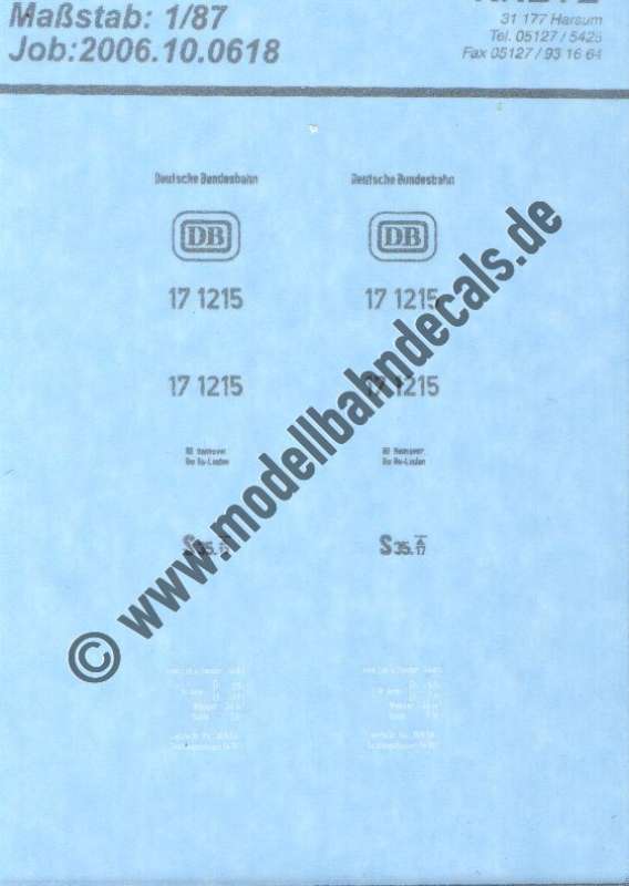 Nass-Schiebebilder: Sonderangebot Spur H0: Lok-Komplettbeschriftung 17 1215, DB, Epoche 3, Artikel-Nummer: 18250