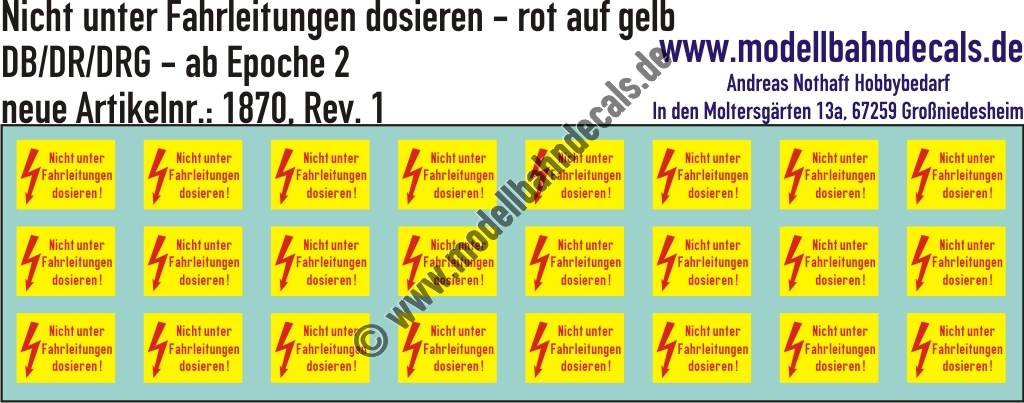 Nass-Schiebebilder: Nicht unter Fahrleitung dosieren - Rot auf Gelb. Artikel-Nummer: 1870