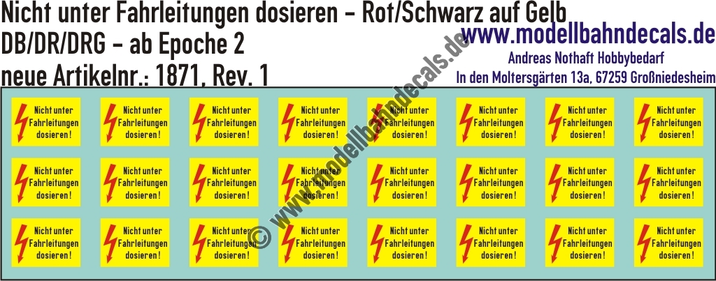 Nass-Schiebebilder: Nicht unter Fahrleitung dosieren - Schwarz/Rot auf Gelb. Artikel-Nummer: 1871