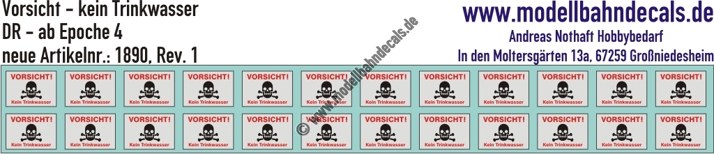 "Nass-Schiebebilder: Kein Trinkwasser, Rot /Schwarz auf Weiss mit Totenkopf, Epoche 4. Artikel-Nummer: 1890"
