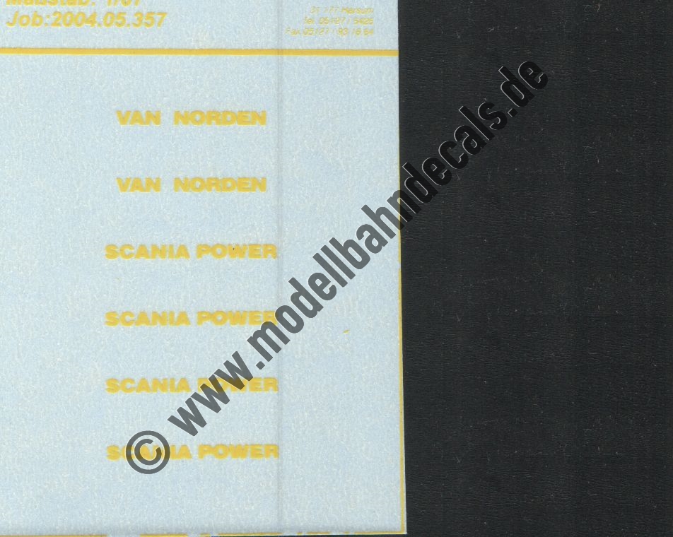 "Nass-Schiebebilder: Sonderangebot Spur H0: Anschriften in Gelb, 'Van Norden' und 'Scania Power' Artikel-Nummer: 19008"