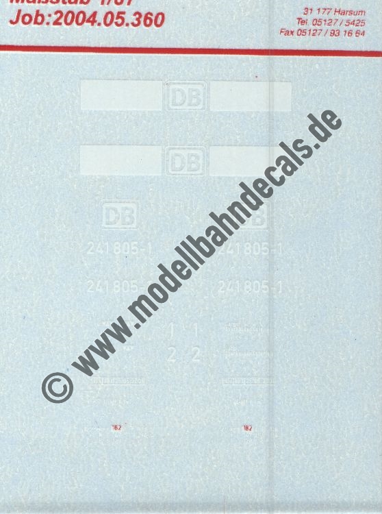 "Nass-Schiebebilder: Sonderangebot Spur H0: Lok-Komplettbeschriftung 241 805-1, DB-AG, Epoche 5 Artikel-Nummer: 19009"