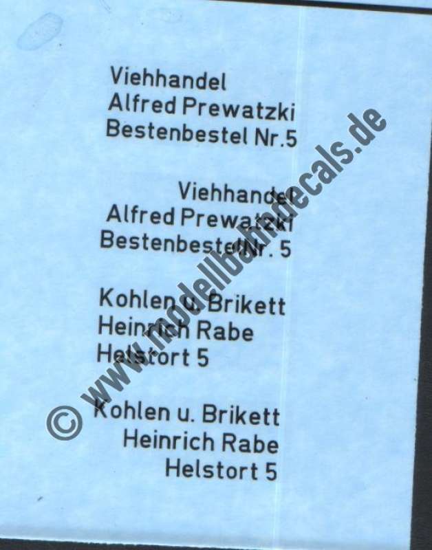 Nass-Schiebebilder: Sonderangebot Spur 1: Anschriften für Kohlen- und Brikett bzw. Viehhandel, Artikel-Nummer: 19056