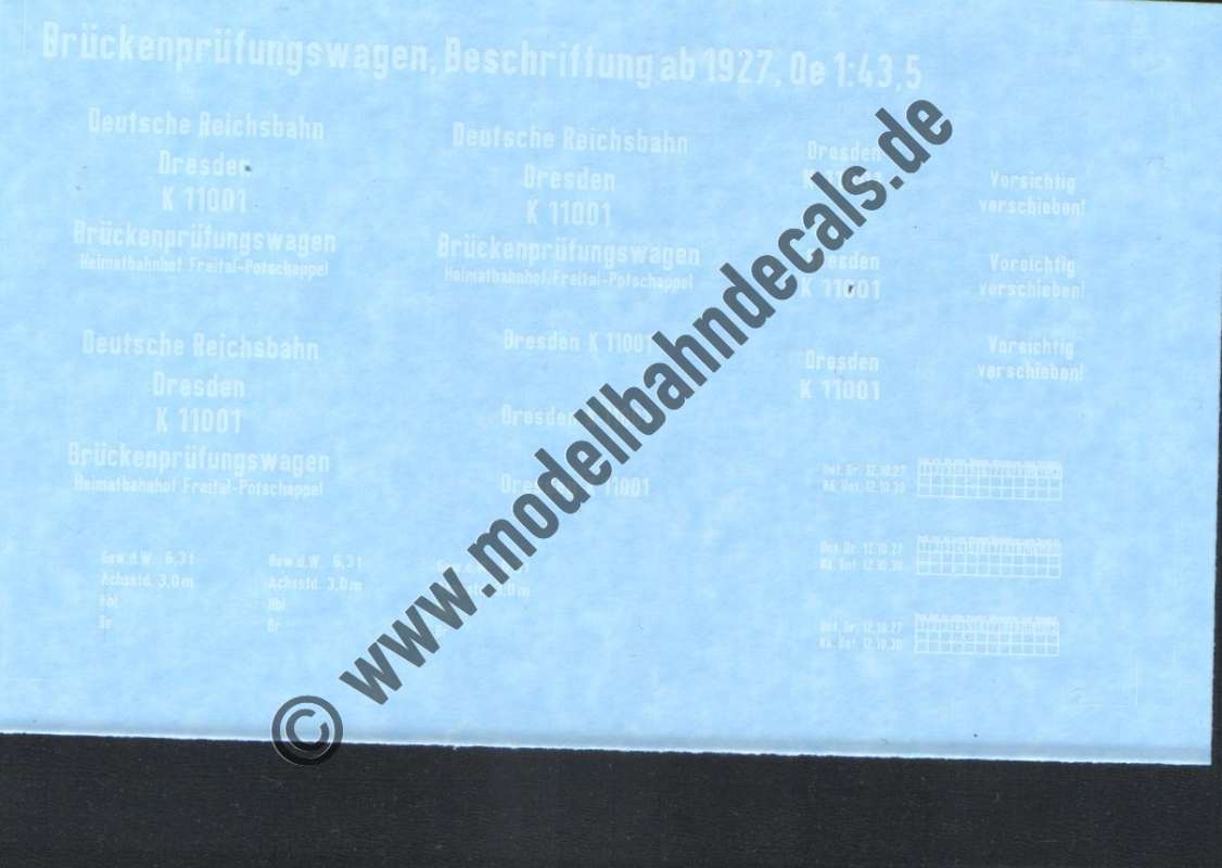 Nass-Schiebebilder: Sonderangebot Spur 0: Anschriften für einen Brückenprüfwagen, Artikel-Nummer: 19069