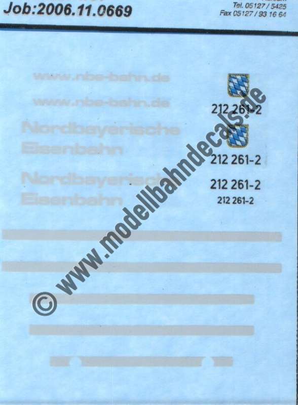 Nass-Schiebebilder: Sonderangebot Spur H0: Teilbeschriftung NBE Lok 212 261-2. Artikel-Nummer: 19074