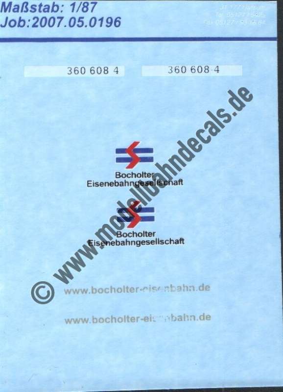 Nass-Schiebebilder: Sonderangebot Spur H0: Lokbeschriftung Bocholter Eisenbahngesellschaft 360 608-4 mit großem Logo. Artikel-Nummer: 19084