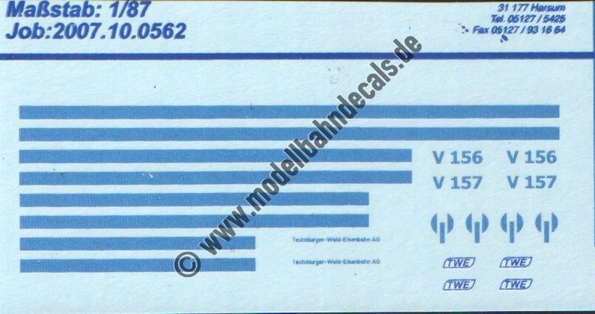 Nass-Schiebebilder: Sonderangebot Spur H0: Lok-Anschriften und Zierlinien für TWE (Teutoburger-Waldeisenbahn) Lok V 156 und V 157. Artikel-Nummer: 19095